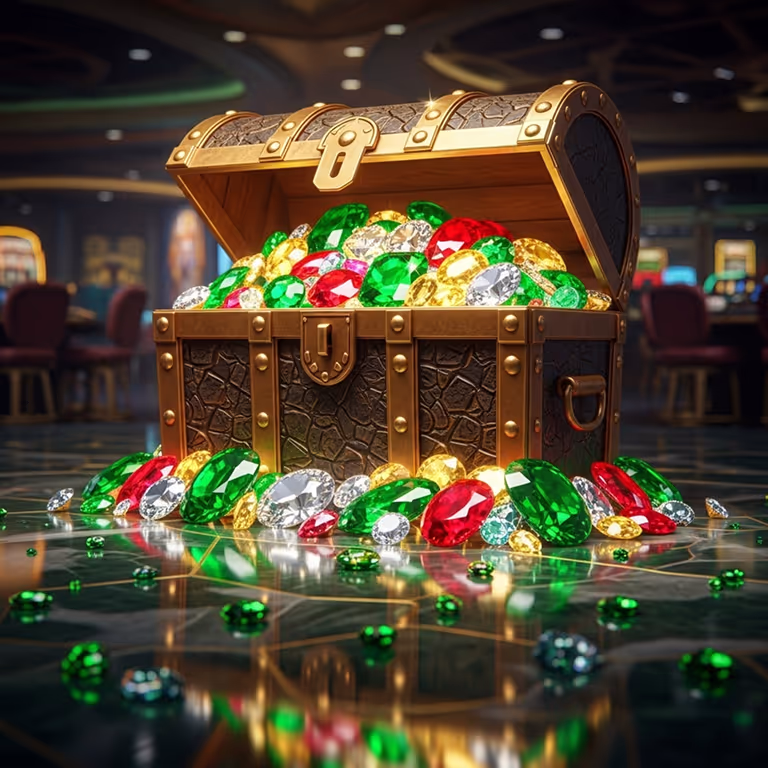 BetFrost Casino image showing an open treasure chest overflowing with colorful gems and gold.