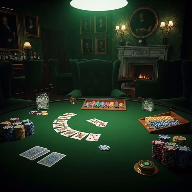 BetFrost Casino image showing a poker table with cards, chips, and drinks in an elegant casino lounge.