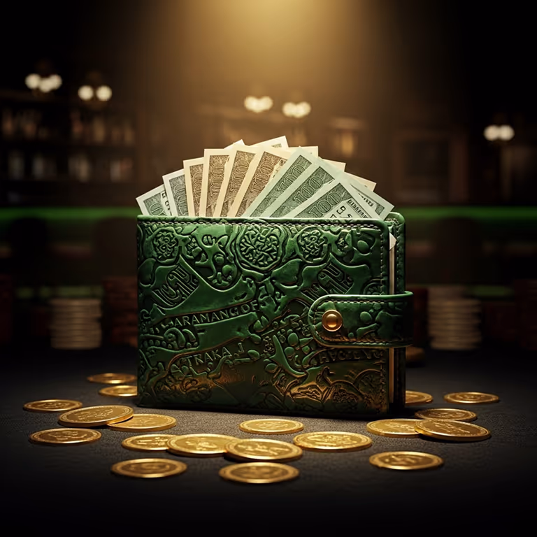 BetFrost Casino showcasing a wallet filled with cash and surrounded by gold coins.
