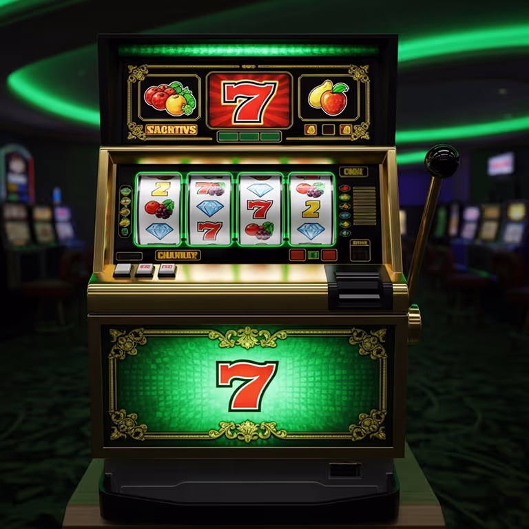 BetFrost Casino image showing an elegant green slot machine with golden details.